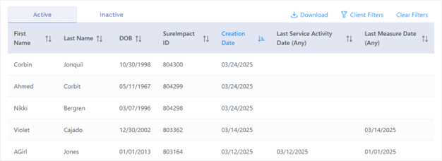 Client Table Filter by Creation Date